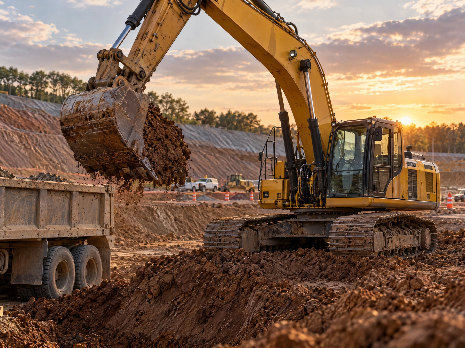 Tracked excavator digging and loading earth on a construction site