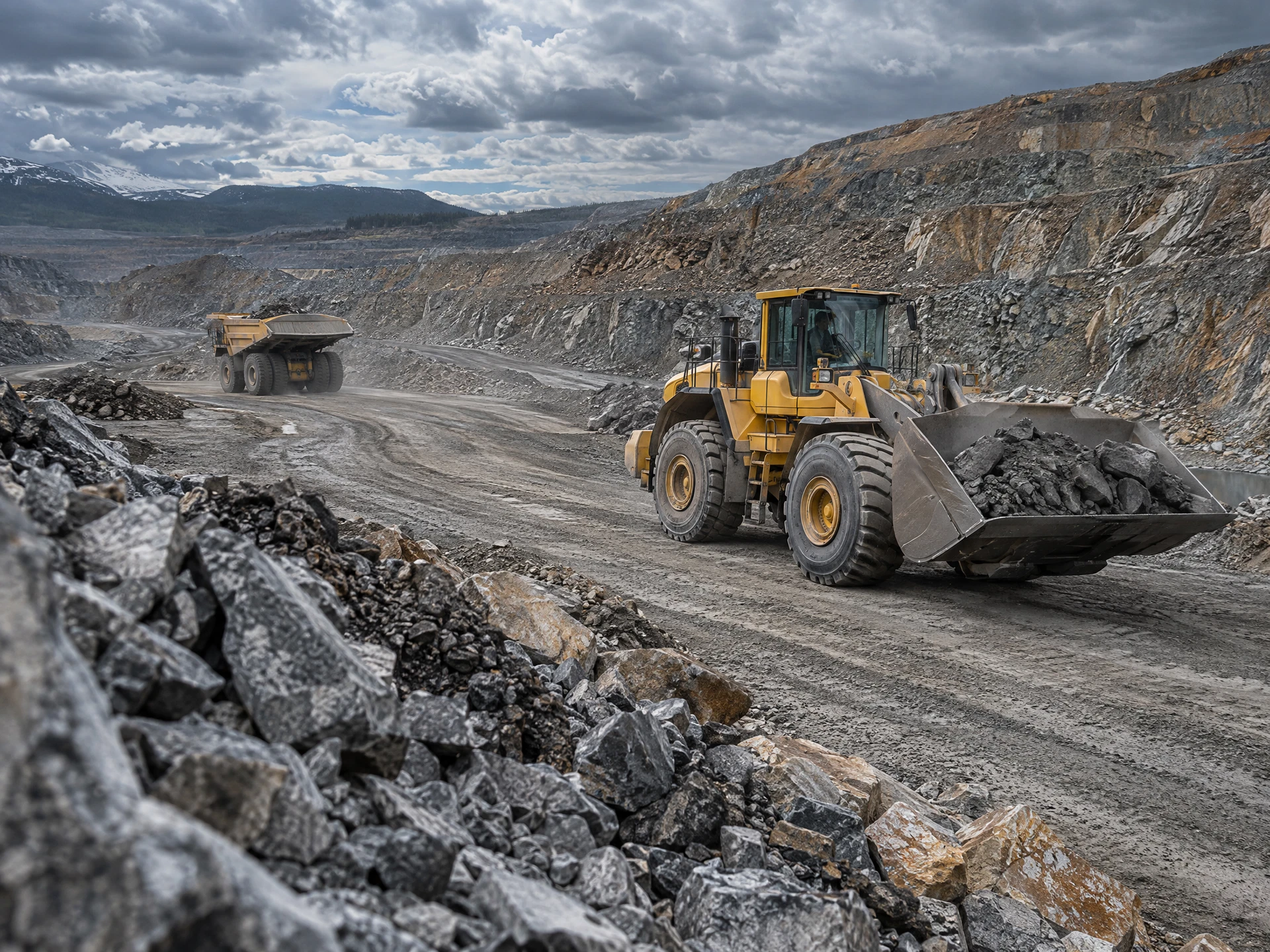 Wheel loader and haul truck working on a rugged mining access road