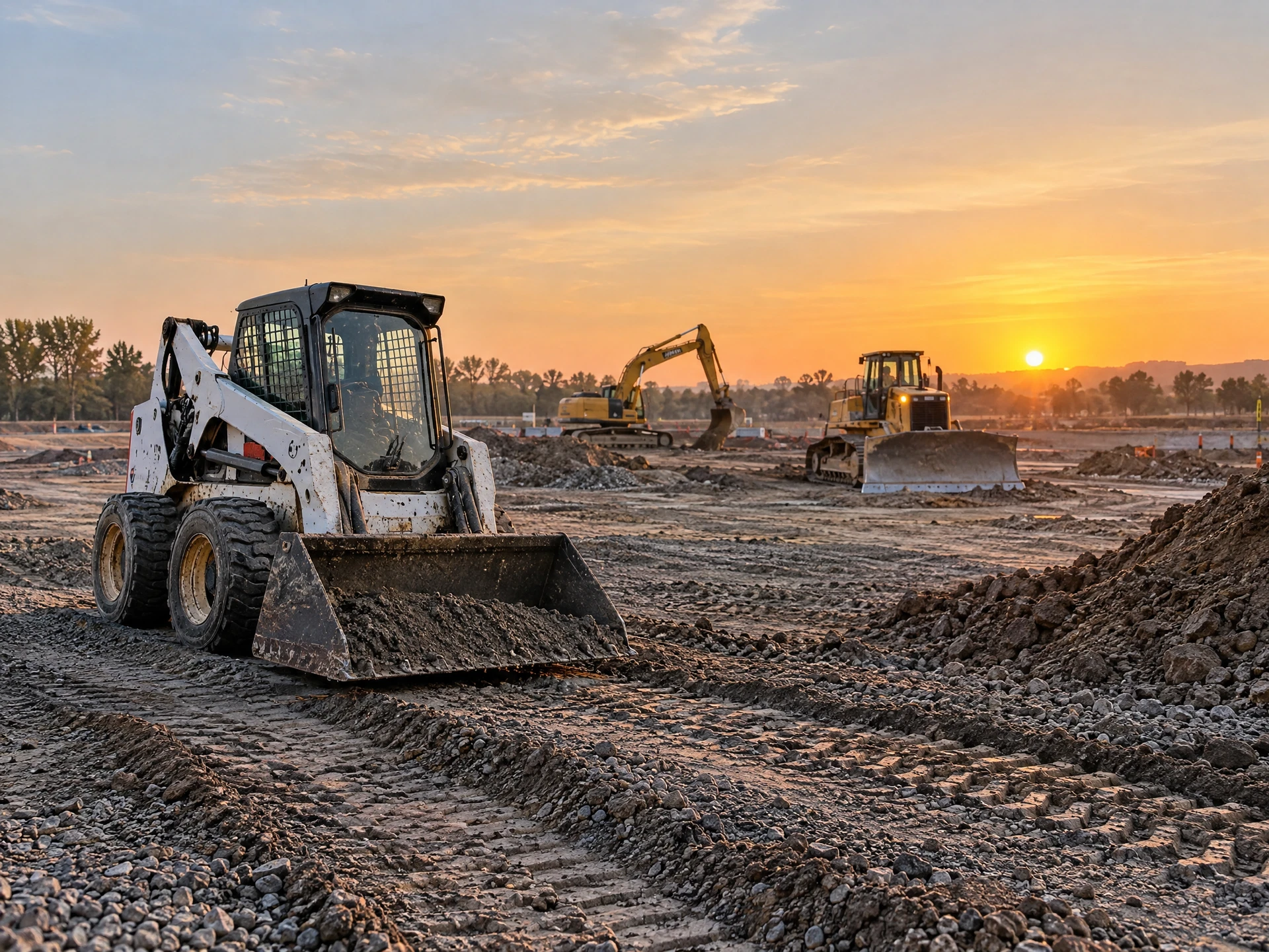 Compact skid steer grading a broad construction site at sunrise